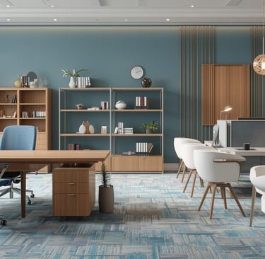 a modern office with a blue carpet and a wooden desk
