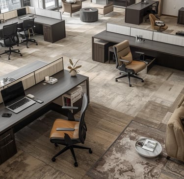 a large office with a lot of chairs and a couch