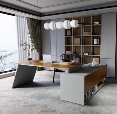 a modern office desk with a large window
