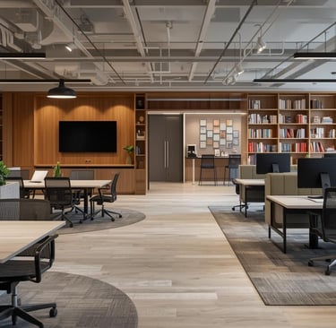 a large open office with a large screen tv and a large screen tv