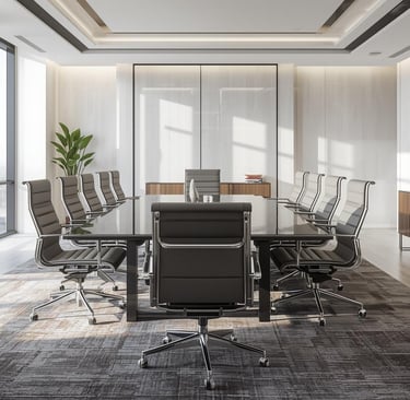 Modern luxury conference room featuring a large glass table and ergonomic leather chairs in a bright office.