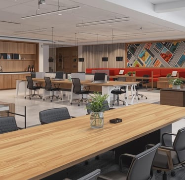 Modern open-plan office interior with wooden desks, ergonomic chairs, and creative wall art.