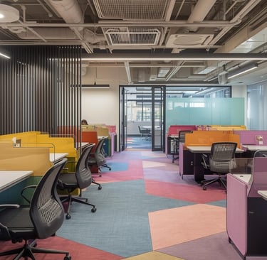 a colorful office space with a colorful floor plan