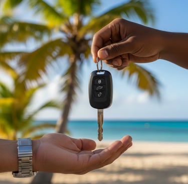 Car rental key handover by a LocXperience agent on a beach in Martinique