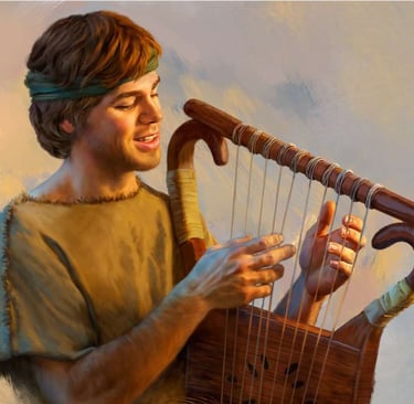 David composing Psalm 23 as a shepherd