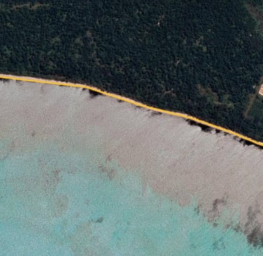 a map of a beach with a yellow line of blue and green