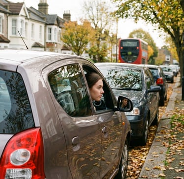 Learner driver practicing parallel parking on a quiet residential street in Chingford.