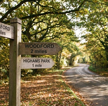 Road sign pointing to Chingford and nearby towns, representing the variety of routes for learner dri