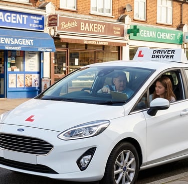 Instructor and student reviewing progress inside a car from a driving school in Chingford.