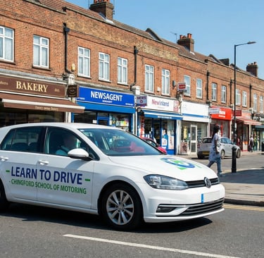 Modern learner car from one of the driving schools in Chingford driving past local shops