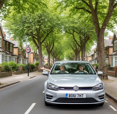 Driving instructor teaching a learner driver on a quiet Chigwell street surrounded by trees and home