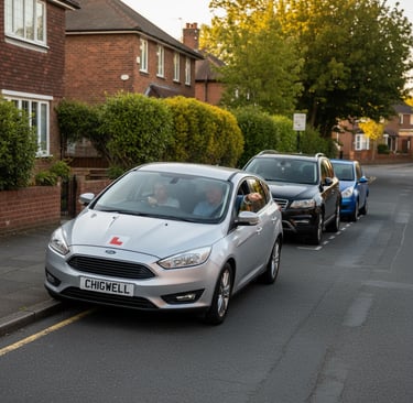 Learner driver in Chigwell practicing parallel parking with guidance from an instructor on a residen