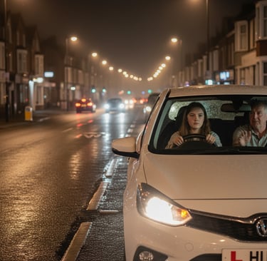 Learner driver in Loughton practicing night driving with an instructor under streetlights.