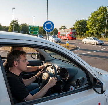 Learner driver practicing at a roundabout in South Woodford with instructor guidance.