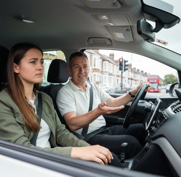 Learner driver in South Woodford preparing for test with instructor offering calm support in the car