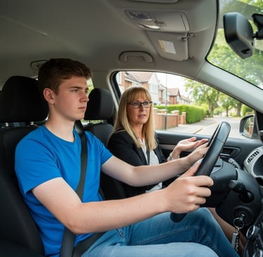 Learner driver practicing in Buckhurst Hill with instructor beside them inside a modern car
