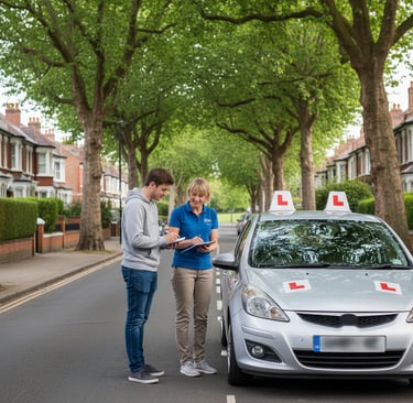 Loughton driving instructors from ILKER Driving School giving feedback beside a dual‑control car on