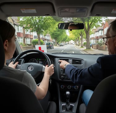 Automatic driving lessons Loughton IG10 — instructor guiding a learner in a right‑hand‑drive dual‑co