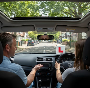 Driving school Loughton IG10 – instructor guiding a learner in a right‑hand‑drive car on a residenti