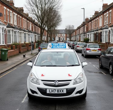 Learner driver car with L plates on a suburban road near Chingford, preparing for the driving test a