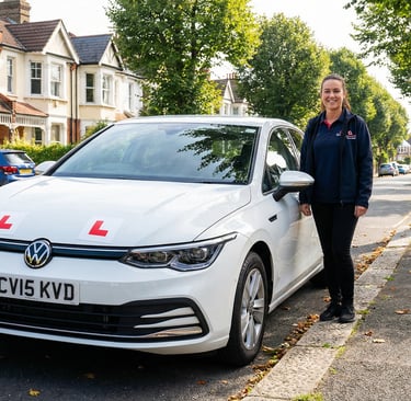 Professional learner driver car from the best driving school in Chingford parked on a residential st