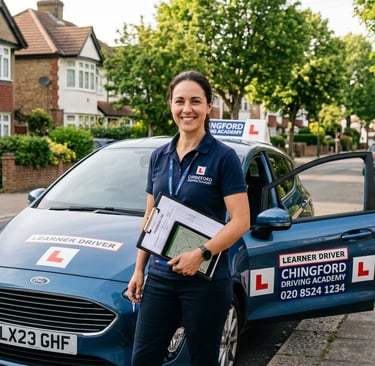 Friendly instructor from a Chingford driving school preparing for a lesson on a local street.