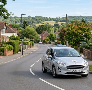 Learner driver training with a driving school in Loughton on a residential road