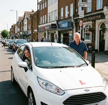 “Instructor guiding a learner driver along a busy street in Chingford.”