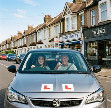 Learner driver practicing with an instructor on a calm street in Chingford