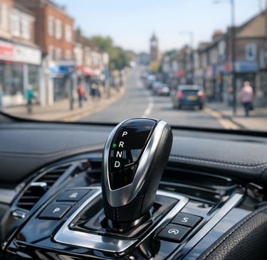 Interior of an automatic car ready for a driving lesson in Chingford.