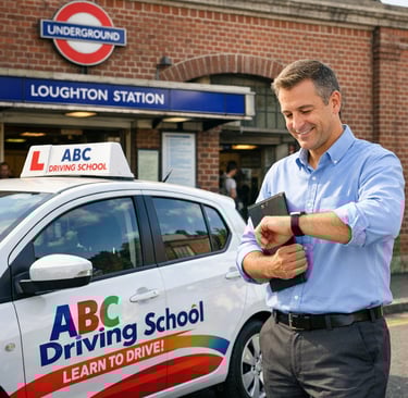 Instructor from a Loughton driving school waiting to pick up a student for a lesson