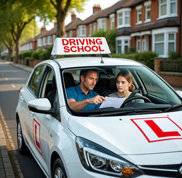 Learner car from a driving school in Chingford parked during a structured lesson.
