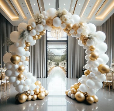 Vibrant balloon arch entrance with pastel colors and themed balloons, perfect for welcoming guests.