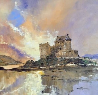 Impressionist oil painting of Eilean Donan Castle in Scotland at sunset with reflective water.