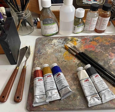 Oil painting setup with Rosemary & Co brushes and Michael Harding paints ready for a new studio s