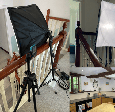 Professional photography softbox light and tripod setup for indoor real estate interior photoshoot.