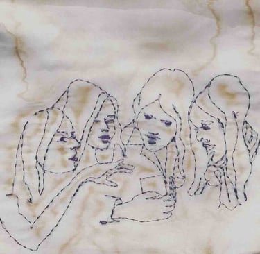 Coffee Drinkers, hand stitched on silk