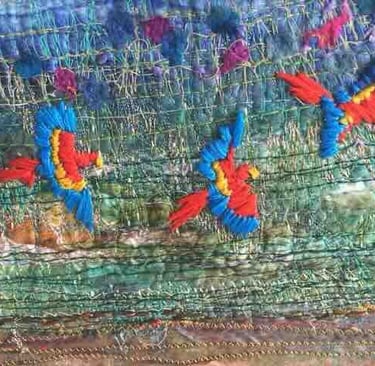 Parrots on Amazon Riverbank, freemotion & hand emb