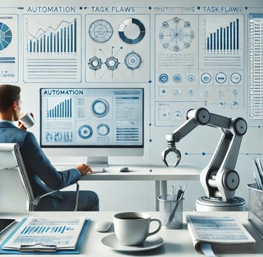 a man sitting at a desk with a robot automation automatisation
