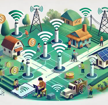 An illustration of rural connectivity gaps being bridged using carrier offload solutions. Depict a s
