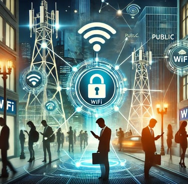 An illustration of a bustling urban setting with people using smartphones and laptops connected to p