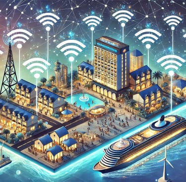 An illustration showcasing carrier offload in the hospitality industry. Depict a luxury hotel, a bea