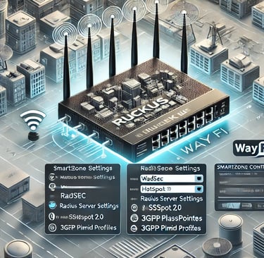 A detailed illustration of configuring a RUCKUS Wireless LAN Controller for WayFi integration. Featu