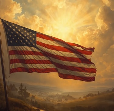 A breathtaking 18th-century-style oil painting featuring the American flag flowing majestically.