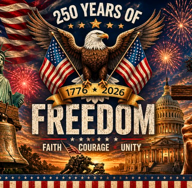 Patriotic America 250 image featuring the bald eagle, American flag, Liberty Bell, and symbols of fr