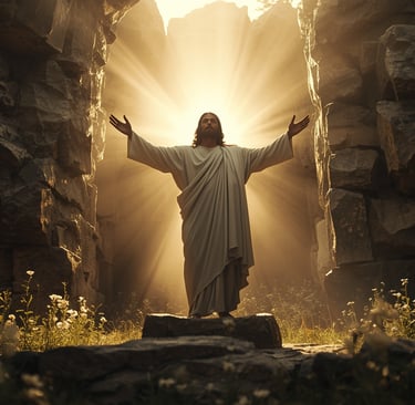 A triumphant, radiant figure of Jesus Christ standing in glowing white robes at the entrance of an o