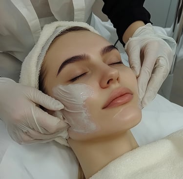 a woman in Bolton with a white face mask and gloves on