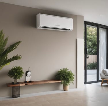 An industrial setting featuring a collection of stacked air conditioning units from various brands. A tall cylinder with hoses wrapped around it stands prominently in the foreground. The setting appears to be a cluttered storage or workshop space, with a partially visible metal roller shutter door on one side.