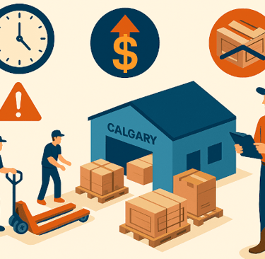 Calgary Stampede vendor booth setup with pallets of merchandise staged for delivery