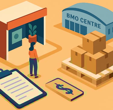 Exhibitor booth materials staged in a Calgary warehouse before the Fall Home Show at BMO Centre.
